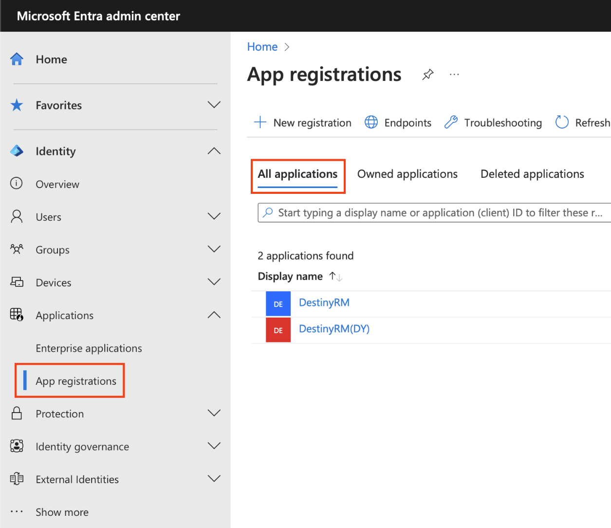 Microsoft Entra admin center with Destiny RM app highlighted